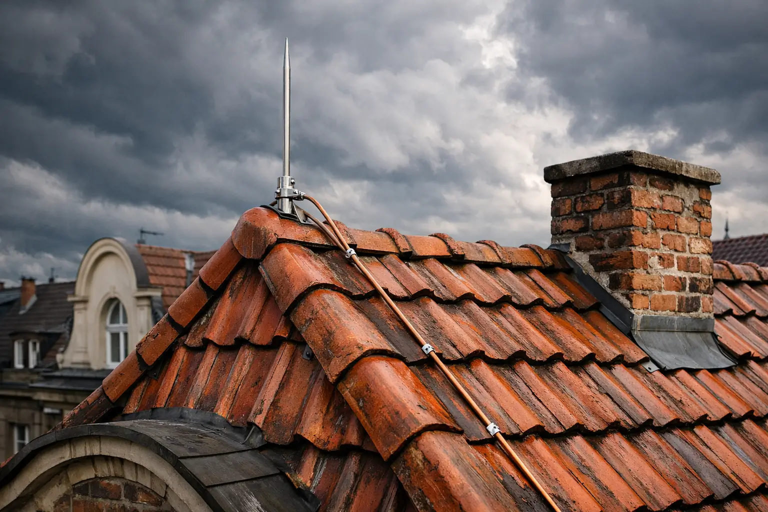 Blitzschutz Haus Altbau - Fangstange und Ableitungsanlage auf einem traditionellen deutschen Ziegeldach