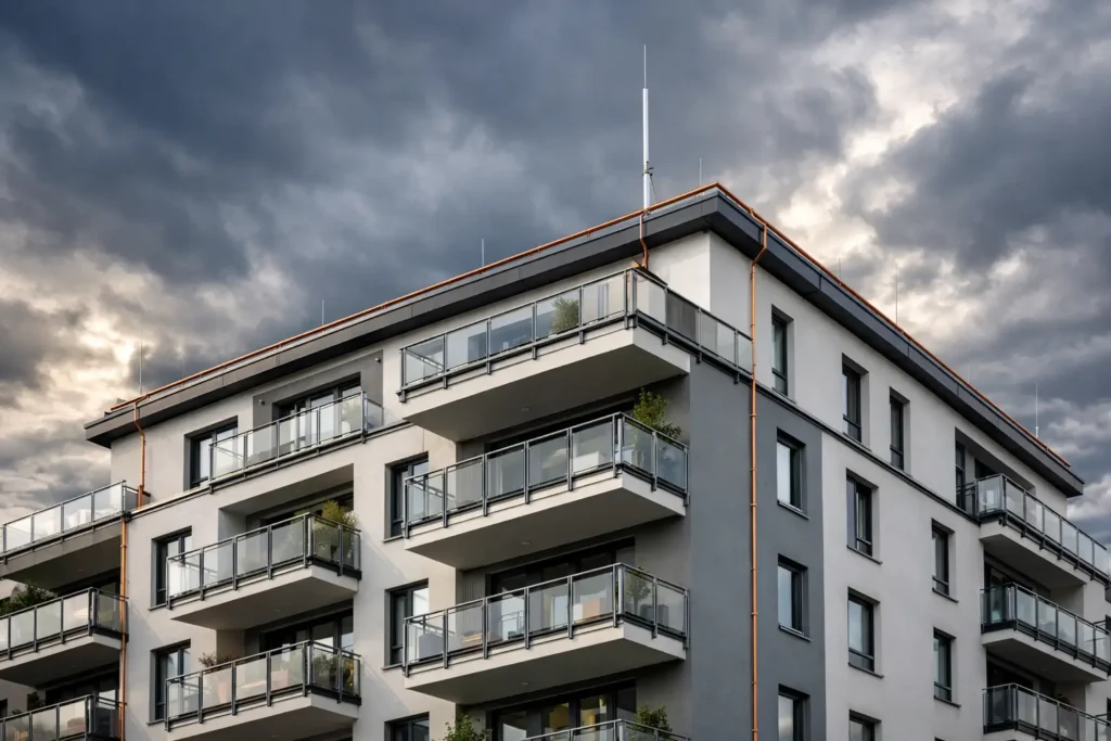 Blitzschutz Haus – Mehrfamilienhaus mit sichtbarem Blitzableiter und Fangstange auf dem Dach