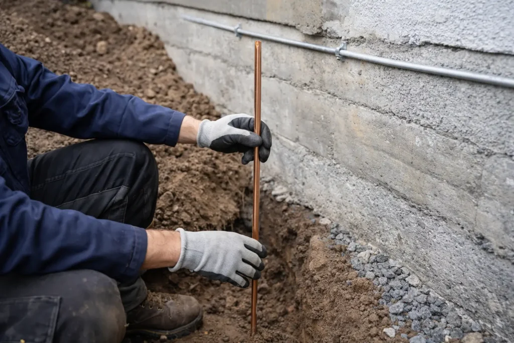 Erdungsanlage nachrüsten – Elektrofachkraft bei der Installation eines Tiefenerders am Hausfundament