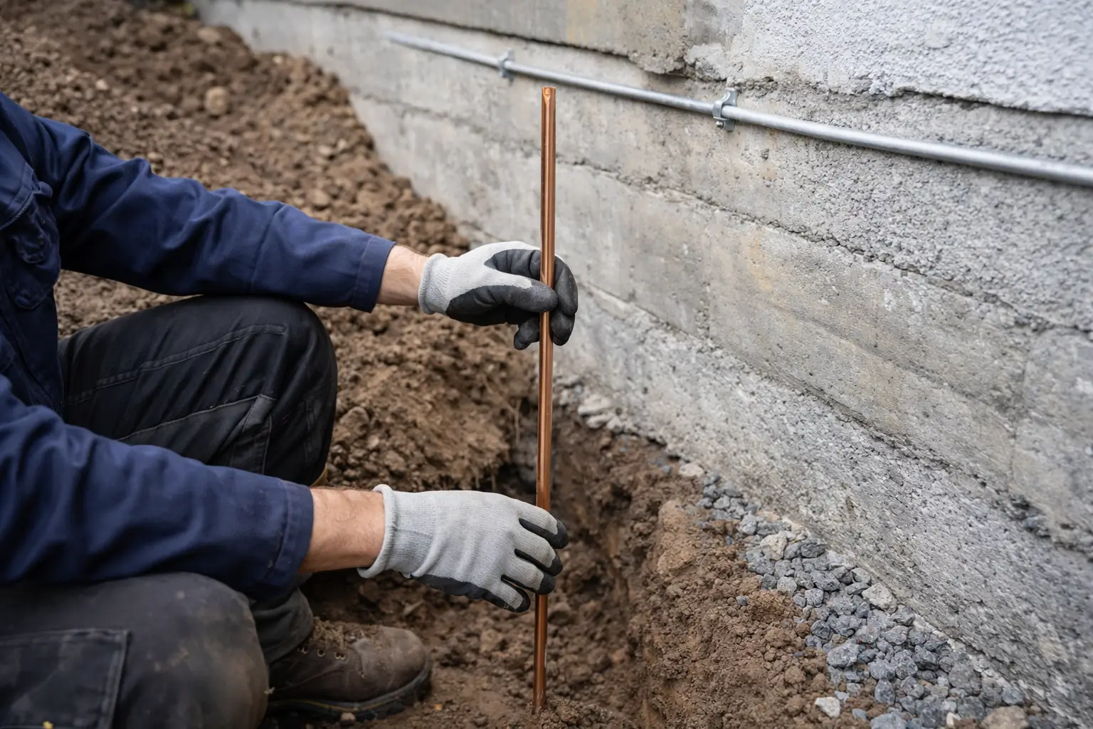 Erdungsanlage nachrüsten – Elektrofachkraft bei der Installation eines Tiefenerders am Hausfundament