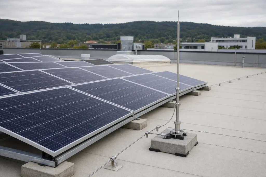 Äußerer Blitzschutz mit Fangeinrichtung neben einer PV-Anlage