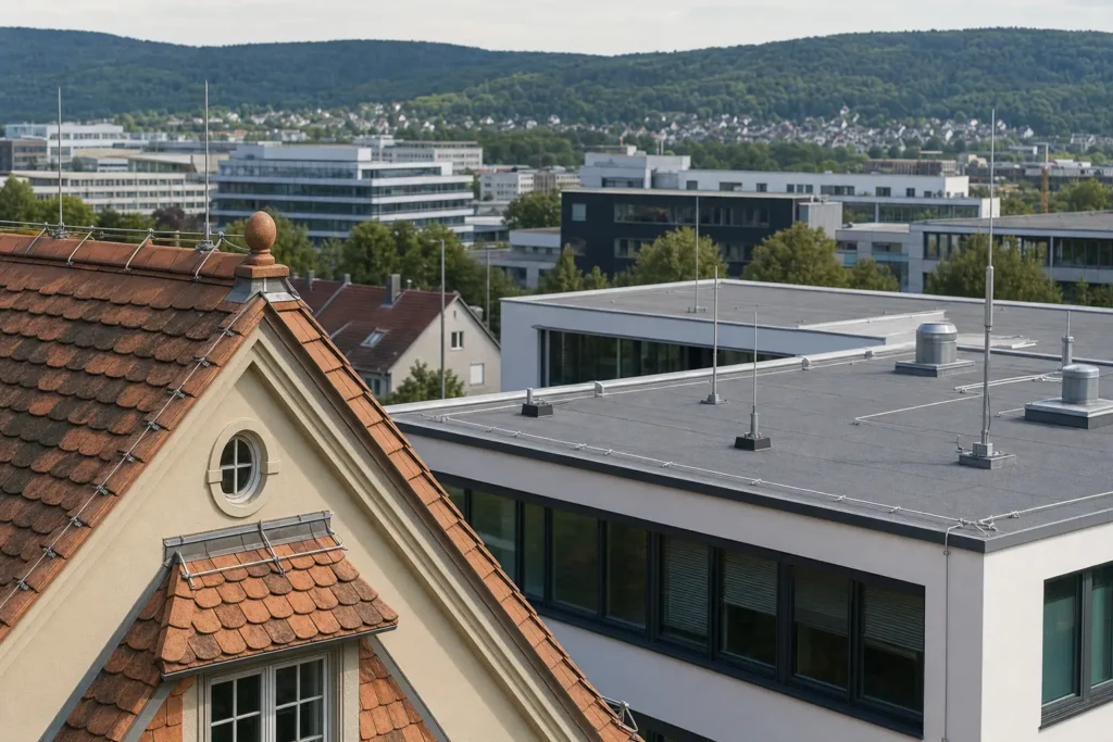 Historische und moderne Gebäude mit Blitzschutzanlagen in Heidelberg
